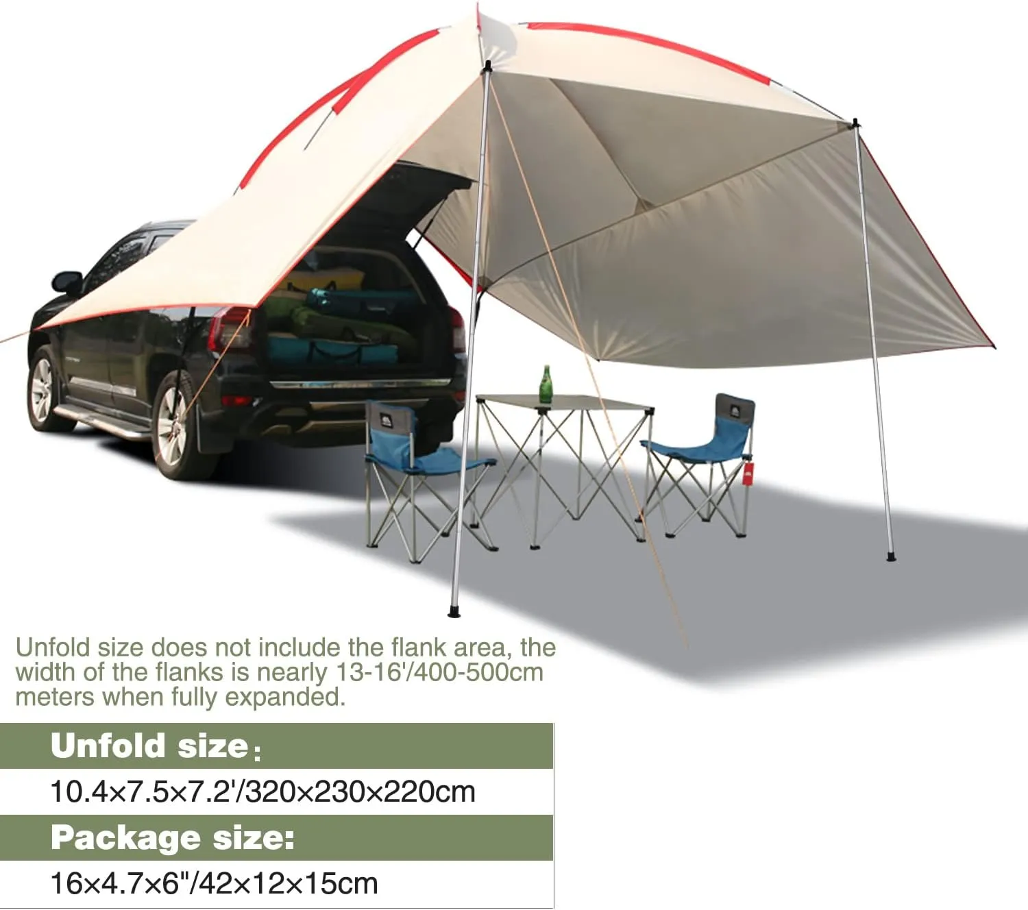 Waterproof Car Awning Sun Shelter, Portable Camping Tarp Canopy Tailgate Sun Shade for Camping, SUV, Truck, Van, Beach, Beige