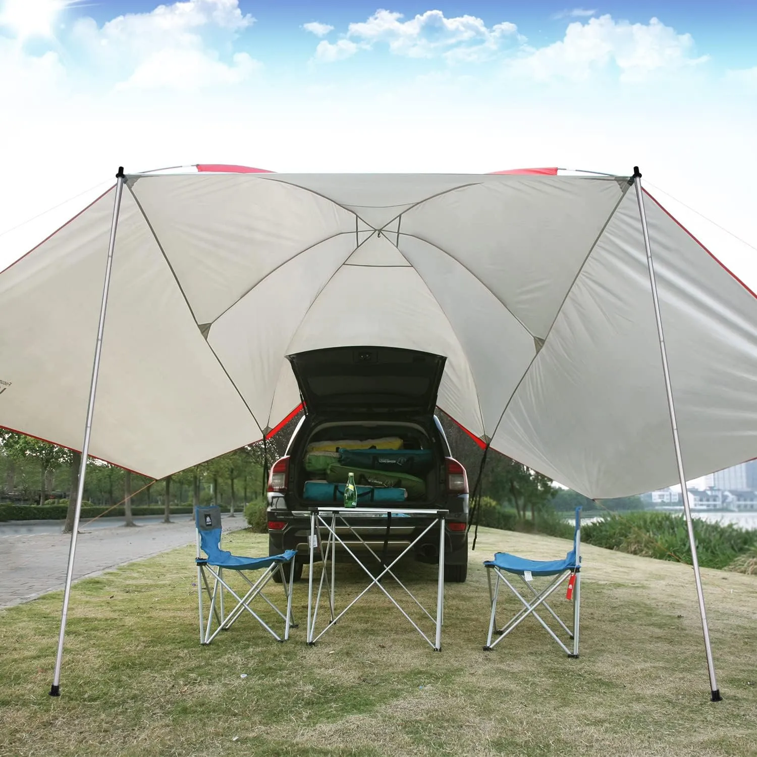 Waterproof Car Awning Sun Shelter, Portable Camping Tarp Canopy Tailgate Sun Shade for Camping, SUV, Truck, Van, Beach, Beige