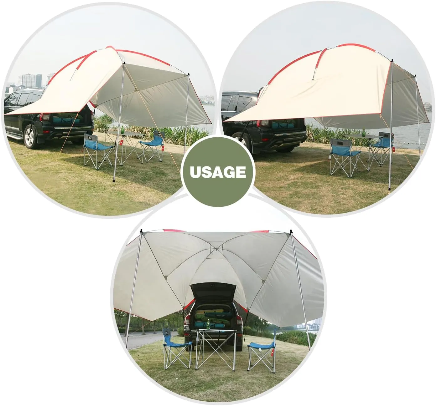 Waterproof Car Awning Sun Shelter, Portable Camping Tarp Canopy Tailgate Sun Shade for Camping, SUV, Truck, Van, Beach, Beige
