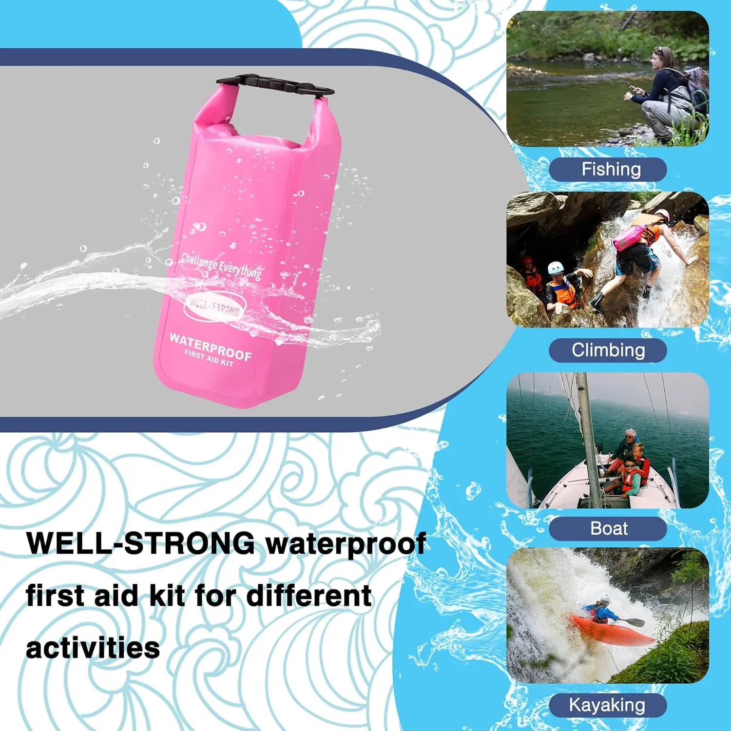 Waterproof First Aid Kit Roll Top Boat Emergency Kit with Waterproof Contents for Fishing Kayaking Boating Swimming Camping Rafting Beach Pink