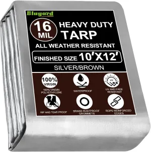 Waterproof Tarp 10x12 Ft Heavy Duty 16 Mil With Brass Grommets and Reinforced Edges, UV&Fade Resistant for Outdoor Camping Roof Pool Tent