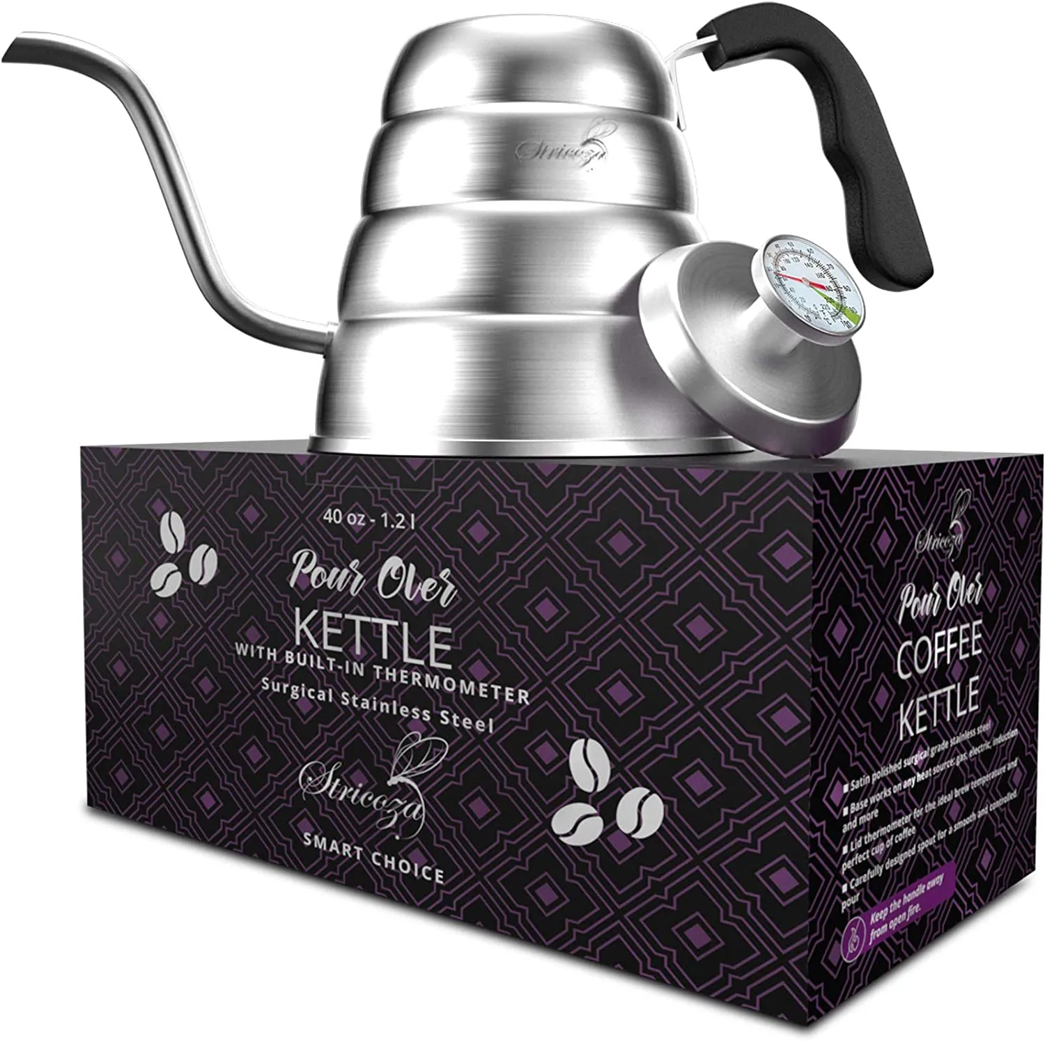 WENEGG Pour Over Coffee Kettle with Thermometer for Exact Temperature 40 fl oz - Premium Stainless Steel Gooseneck Tea Kettle for Drip Coffee, French Press and Tea (Black)