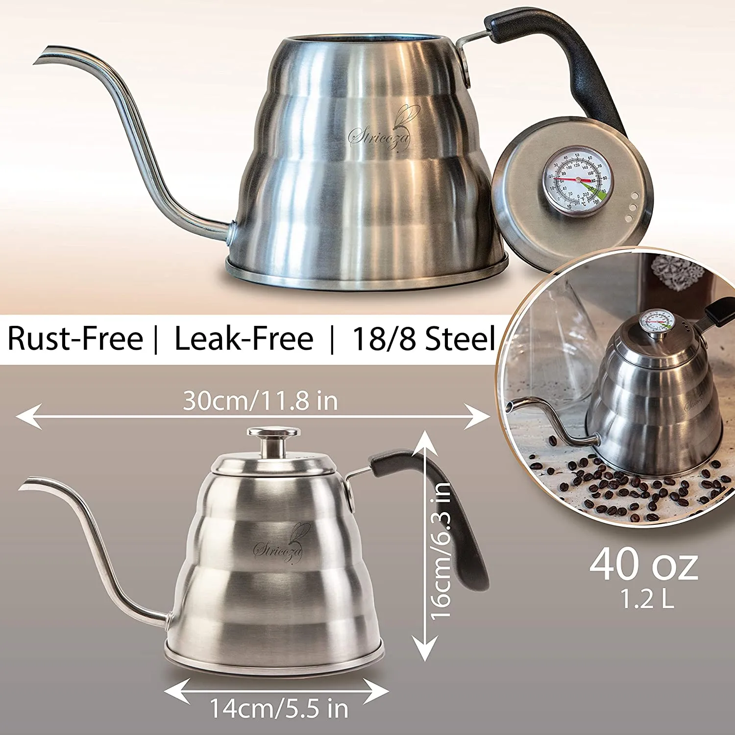 WENEGG Pour Over Coffee Kettle with Thermometer for Exact Temperature 40 fl oz - Premium Stainless Steel Gooseneck Tea Kettle for Drip Coffee, French Press and Tea (Black)