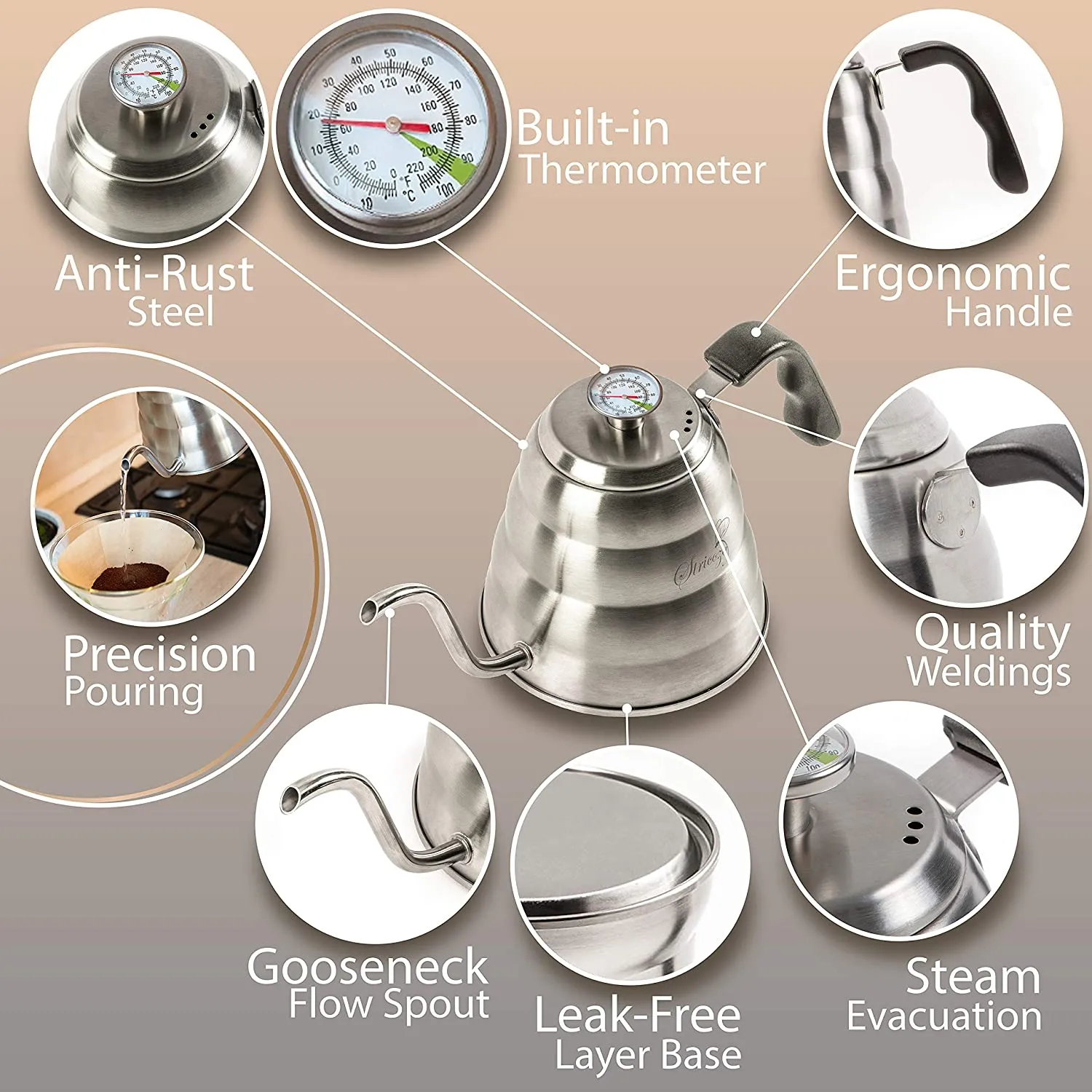 WENEGG Pour Over Coffee Kettle with Thermometer for Exact Temperature 40 fl oz - Premium Stainless Steel Gooseneck Tea Kettle for Drip Coffee, French Press and Tea (Black)