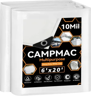 White Heavy Dut Waterproof Tarp 6' x 20', 10 Mil Thick, High Durability, Rip and Tear Resistant with Metal Grommets Every 20 Inches