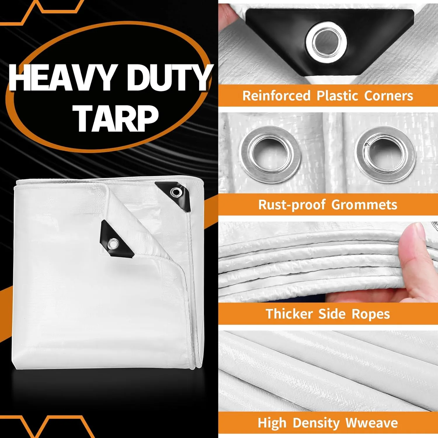 White Heavy Dut Waterproof Tarp 6' x 20', 10 Mil Thick, High Durability, Rip and Tear Resistant with Metal Grommets Every 20 Inches