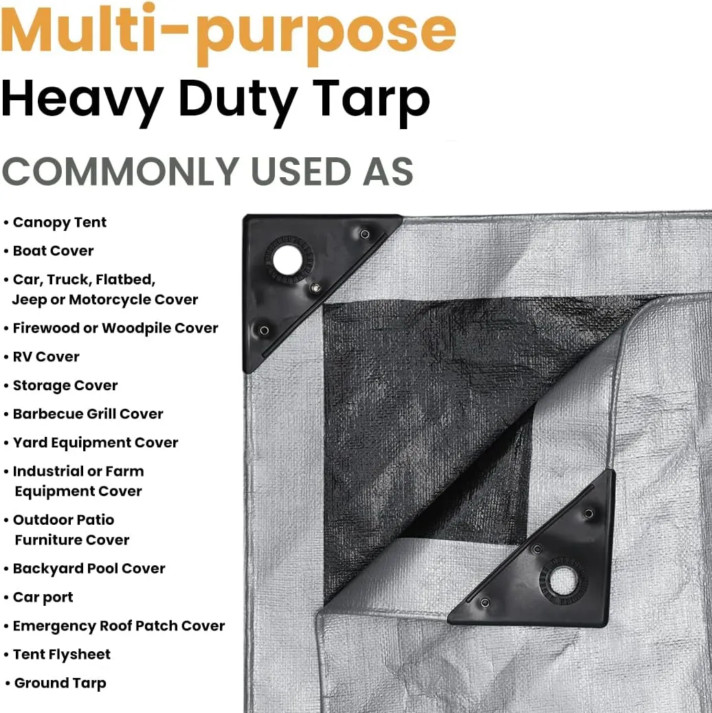 WHITEDUCK Super Heavy Duty Poly Tarp Cover 16 Mil & 10 Mil with Grommets and Reinforced Edges (Brown, White & Silver Black) (Silver Black- 16 Mil, 8' x 10')