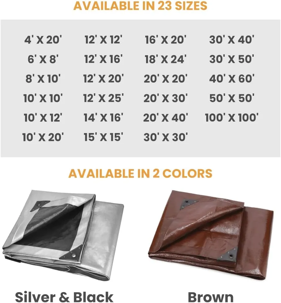 WHITEDUCK Super Heavy Duty Poly Tarp Cover 16 Mil & 10 Mil with Grommets and Reinforced Edges (Brown, White & Silver Black) (Silver Black- 16 Mil, 8' x 10')