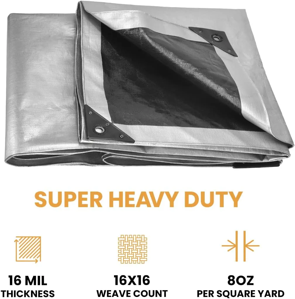 WHITEDUCK Super Heavy Duty Poly Tarp Cover 16 Mil & 10 Mil with Grommets and Reinforced Edges (Brown, White & Silver Black) (Silver Black- 16 Mil, 8' x 10')
