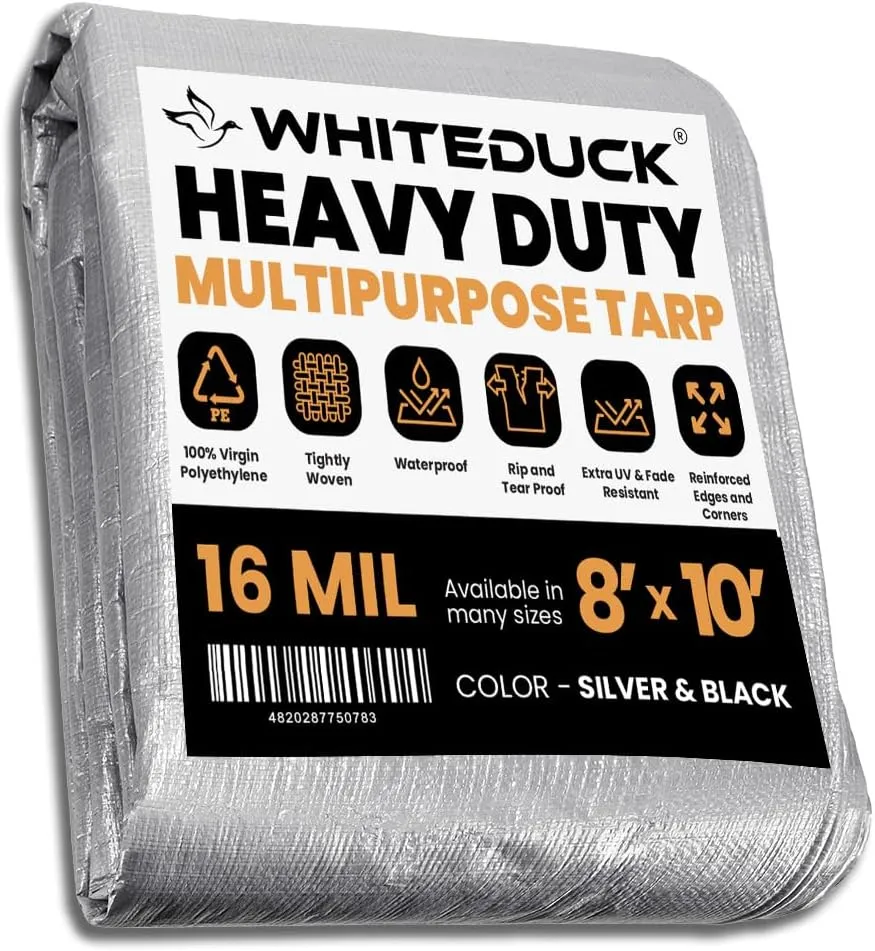 WHITEDUCK Super Heavy Duty Poly Tarp Cover 16 Mil & 10 Mil with Grommets and Reinforced Edges (Brown, White & Silver Black) (Silver Black- 16 Mil, 8' x 10')
