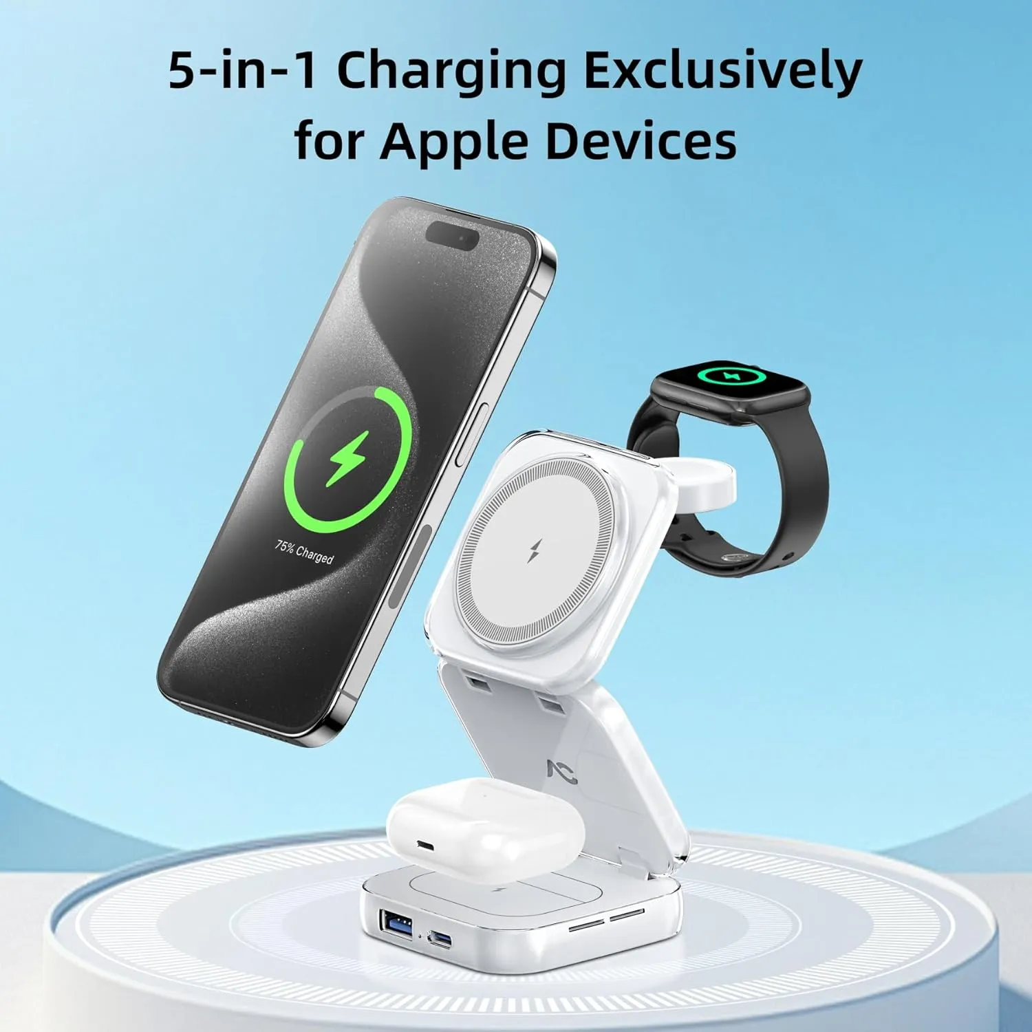 Wireless Charger for MagSafe, AC Island 5-in-1 Portable Travel Charging Station, 15W Max Fast Foldable Magnetic Stand, Evolved for iPhone 16/15/14/13 Series, Apple Watch, AirPods (with 35W Adapter)