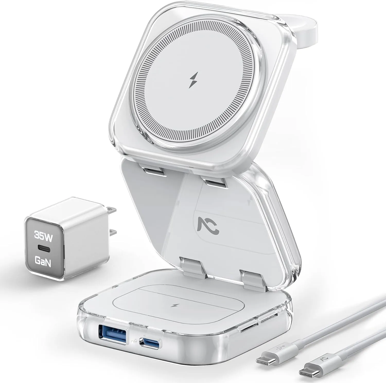 Wireless Charger for MagSafe, AC Island 5-in-1 Portable Travel Charging Station, 15W Max Fast Foldable Magnetic Stand, Evolved for iPhone 16/15/14/13 Series, Apple Watch, AirPods (with 35W Adapter)