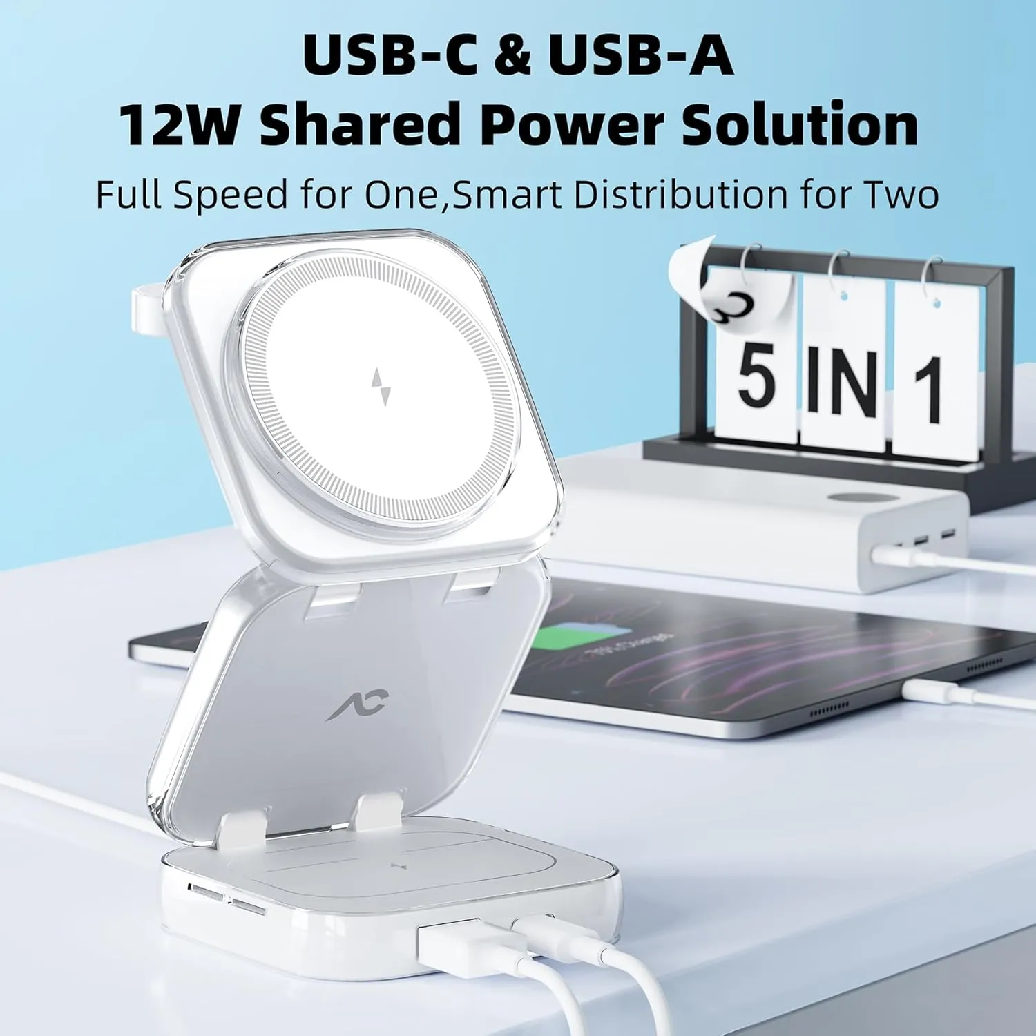 Wireless Charger for MagSafe, AC Island 5-in-1 Portable Travel Charging Station, 15W Max Fast Foldable Magnetic Stand, Evolved for iPhone 16/15/14/13 Series, Apple Watch, AirPods (with 35W Adapter)