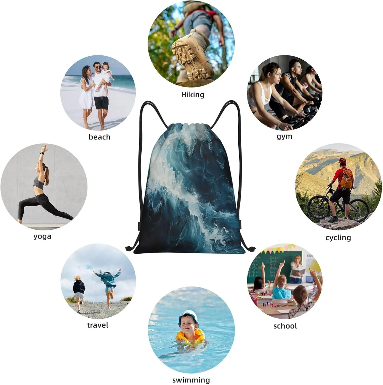 Within The Tides Print Drawstring Backpack,Foldable Gym Sack For Sports,Travel,Yoga,Hiking,Adjustable