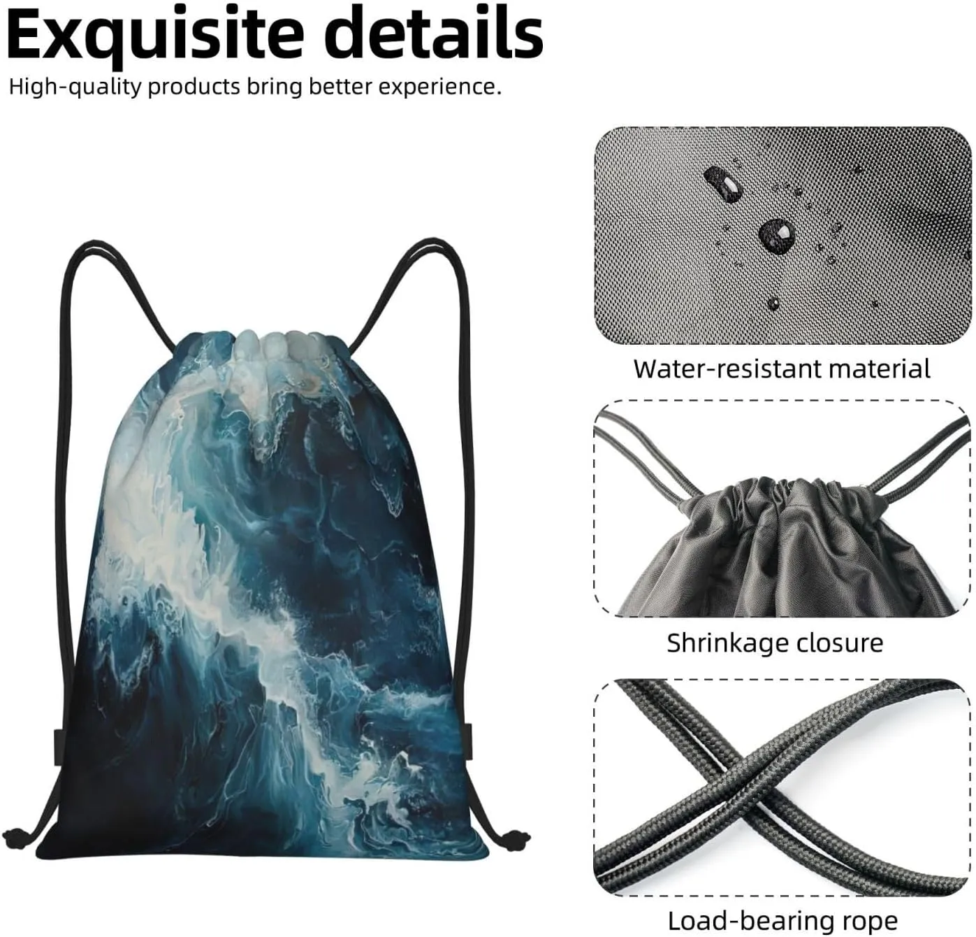 Within The Tides Print Drawstring Backpack,Foldable Gym Sack For Sports,Travel,Yoga,Hiking,Adjustable