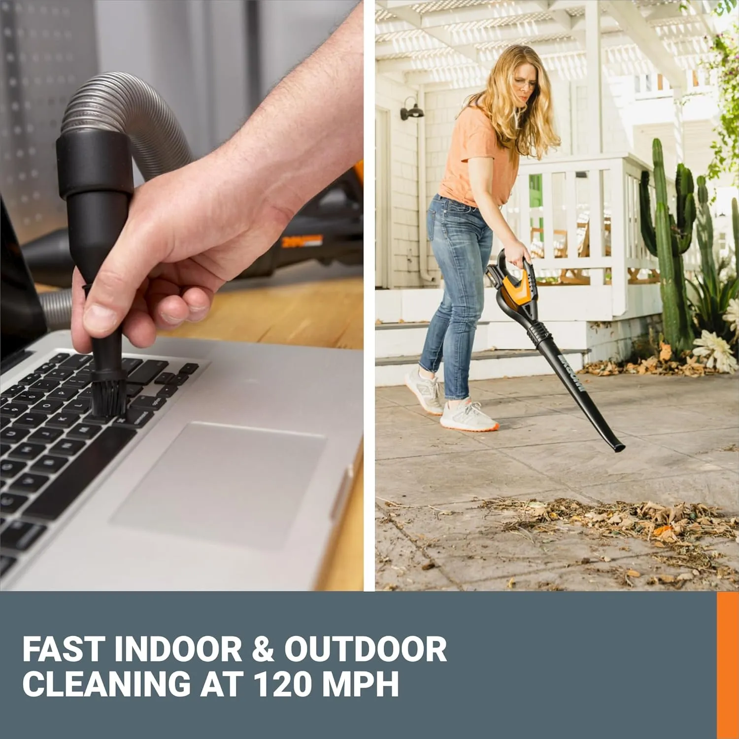 WORX 20V Cordless Leaf Blower WG545.1, Up to 120 MPH Air Speed, Long Nozzle Design for Narrow Spaces, Ideal for Indoor and Outdoor Cleaning, 9X Cleaning Attachments, Battery and Charger Included