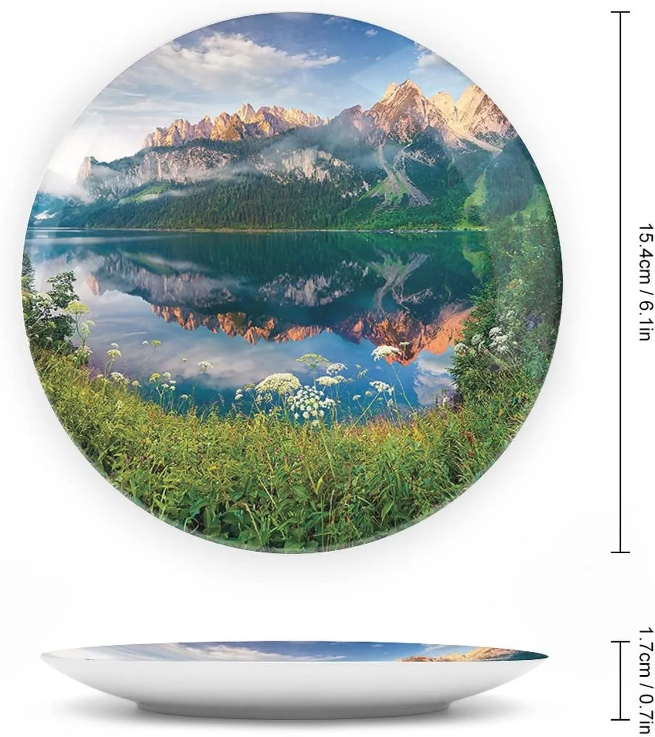 XISUNYA 6 Inch Decorative Plate, Landscape Ceramic Stoneware, Sunny Summer Morning on The Lake Austrian Alps Crystal Mirroring Season Print Ceramic Wall Hanging for Dining Table Tabletop Home Decor