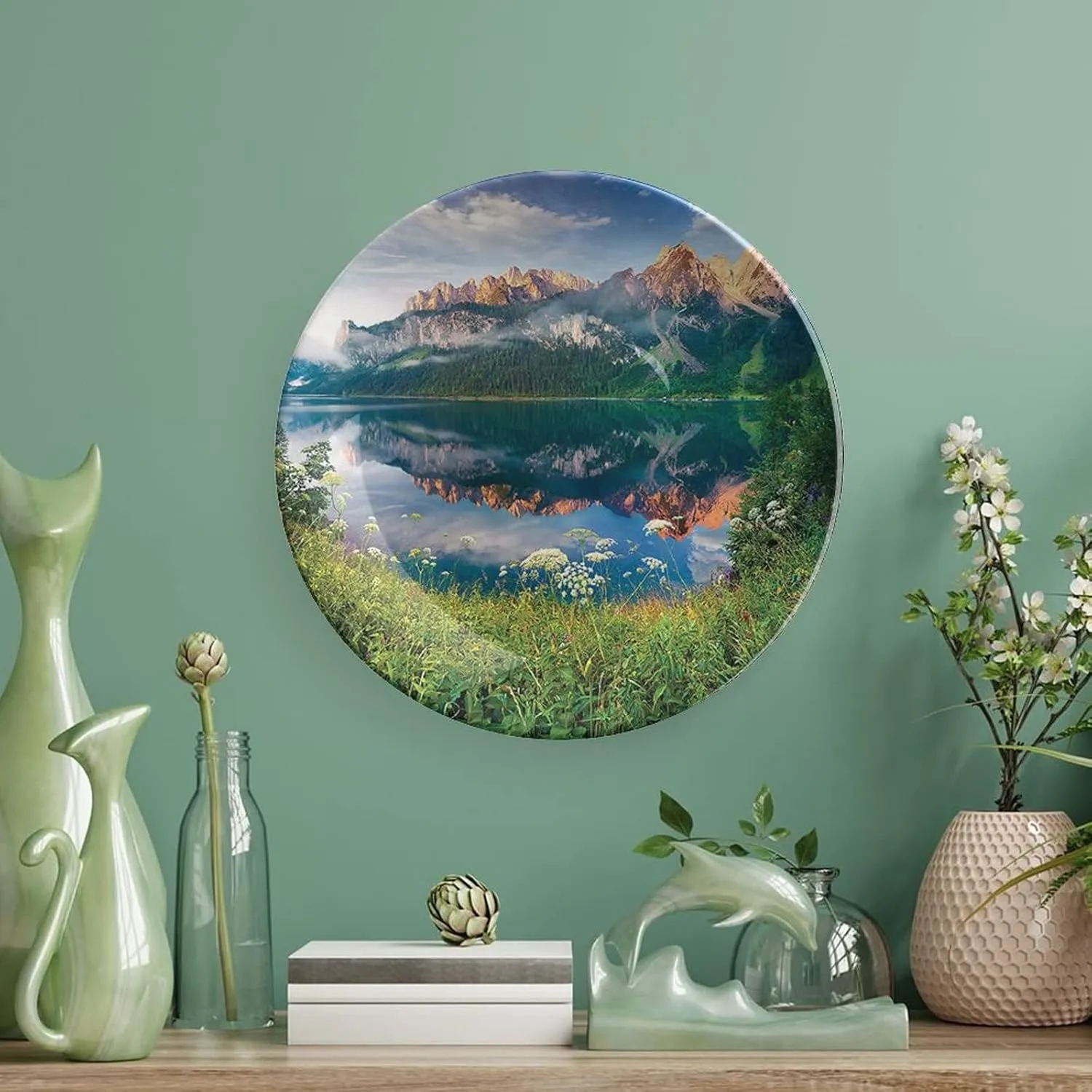 XISUNYA 6 Inch Decorative Plate, Landscape Ceramic Stoneware, Sunny Summer Morning on The Lake Austrian Alps Crystal Mirroring Season Print Ceramic Wall Hanging for Dining Table Tabletop Home Decor