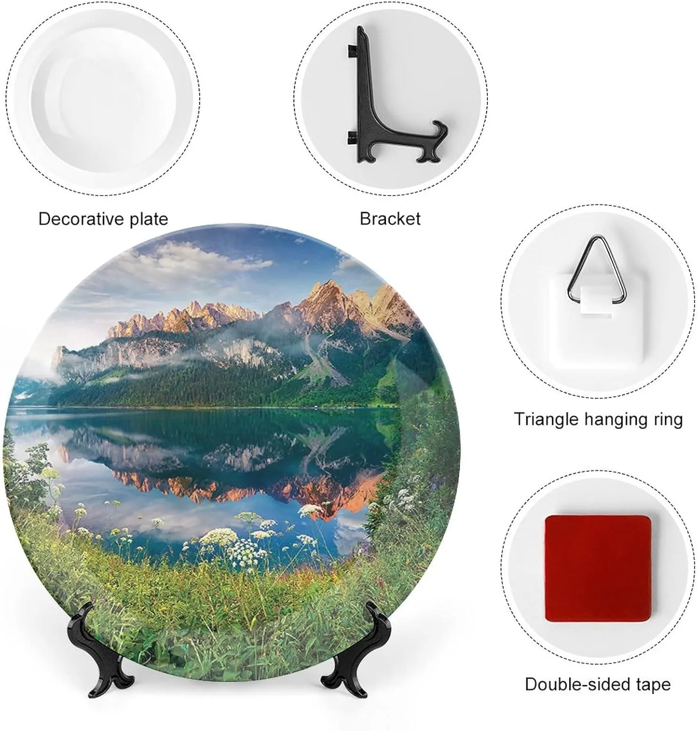 XISUNYA 6 Inch Decorative Plate, Landscape Ceramic Stoneware, Sunny Summer Morning on The Lake Austrian Alps Crystal Mirroring Season Print Ceramic Wall Hanging for Dining Table Tabletop Home Decor