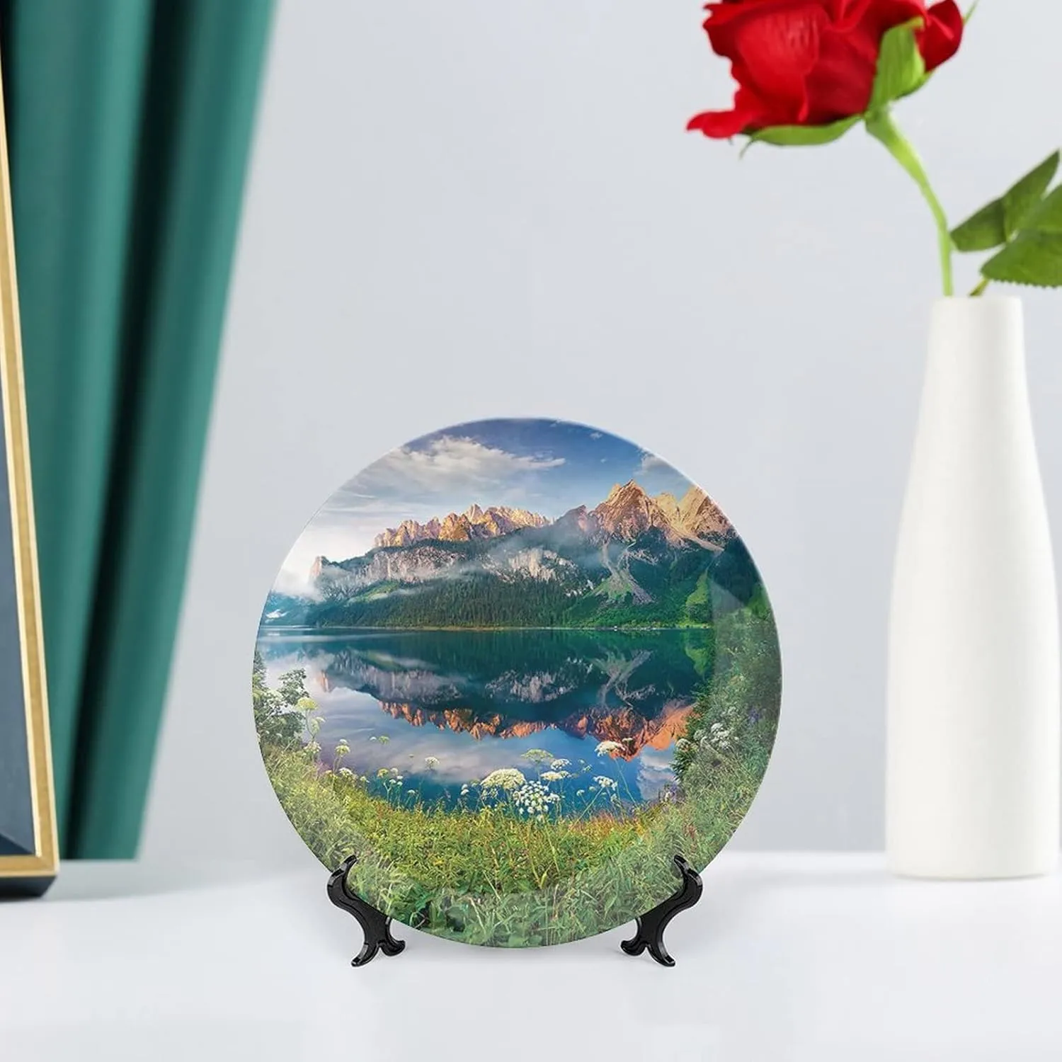 XISUNYA 6 Inch Decorative Plate, Landscape Ceramic Stoneware, Sunny Summer Morning on The Lake Austrian Alps Crystal Mirroring Season Print Ceramic Wall Hanging for Dining Table Tabletop Home Decor