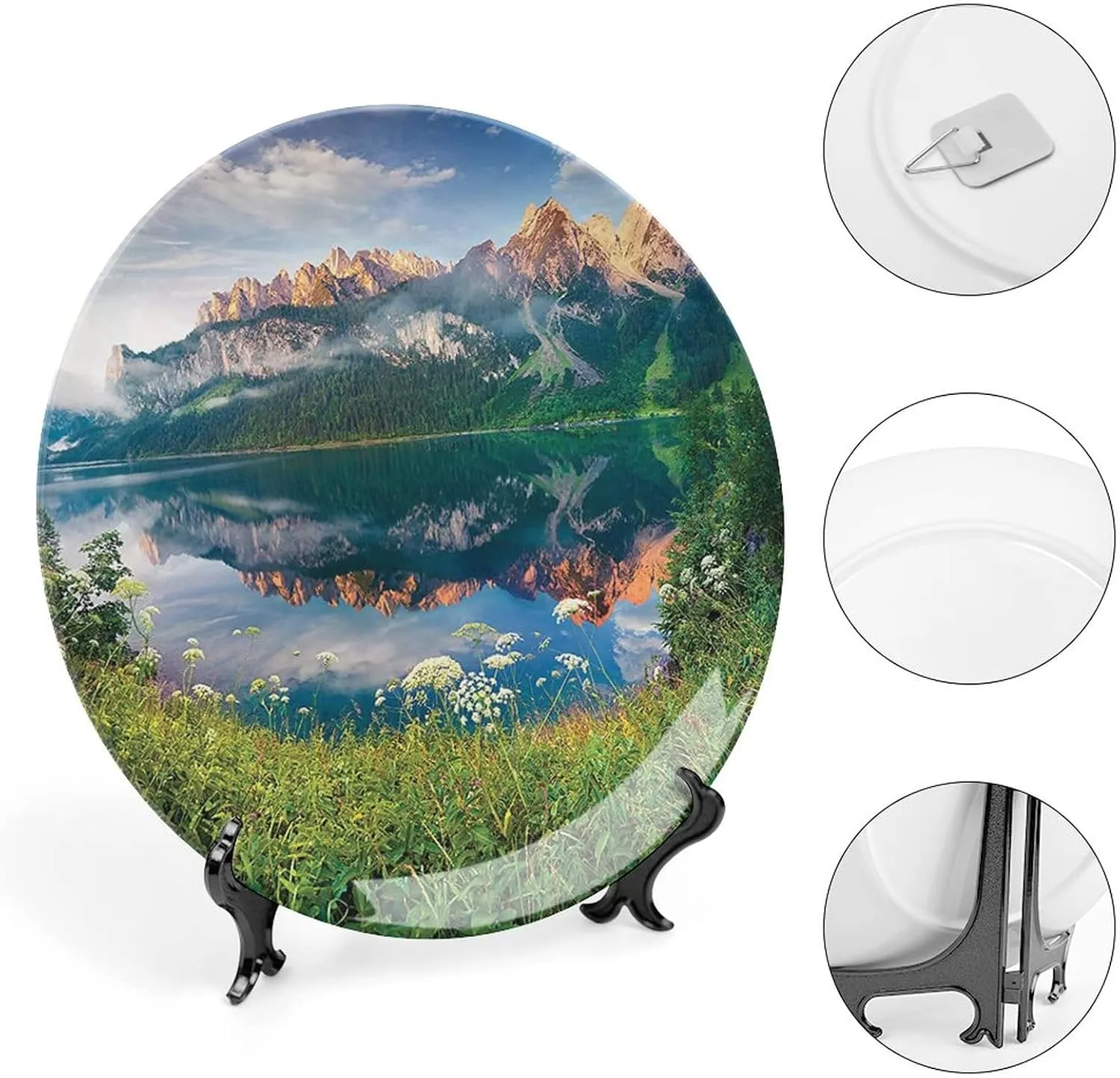 XISUNYA 6 Inch Decorative Plate, Landscape Ceramic Stoneware, Sunny Summer Morning on The Lake Austrian Alps Crystal Mirroring Season Print Ceramic Wall Hanging for Dining Table Tabletop Home Decor