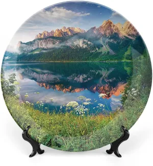 XISUNYA 6 Inch Decorative Plate, Landscape Ceramic Stoneware, Sunny Summer Morning on The Lake Austrian Alps Crystal Mirroring Season Print Ceramic Wall Hanging for Dining Table Tabletop Home Decor