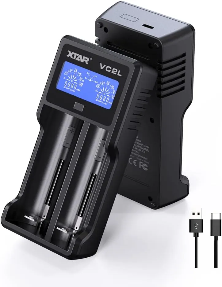 XTAR 21700 Battery Charger VC2L 18650 Charger 2 Slot 2025 Version with LCD Display Max 2A Rechargeable Liion and AA Charger Not Included Any Batteries(VC2L)