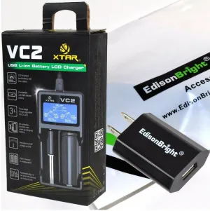 XTAR VC2 universal USB powered smart battery Charger For Li-ion / IMR 10440/14500/14650/16340/17500/17670/18350/18500/18650/ 18700/ 22650/25500/26650 3.6/3.7V types with EdisonBright brand USB power adapter bundle
