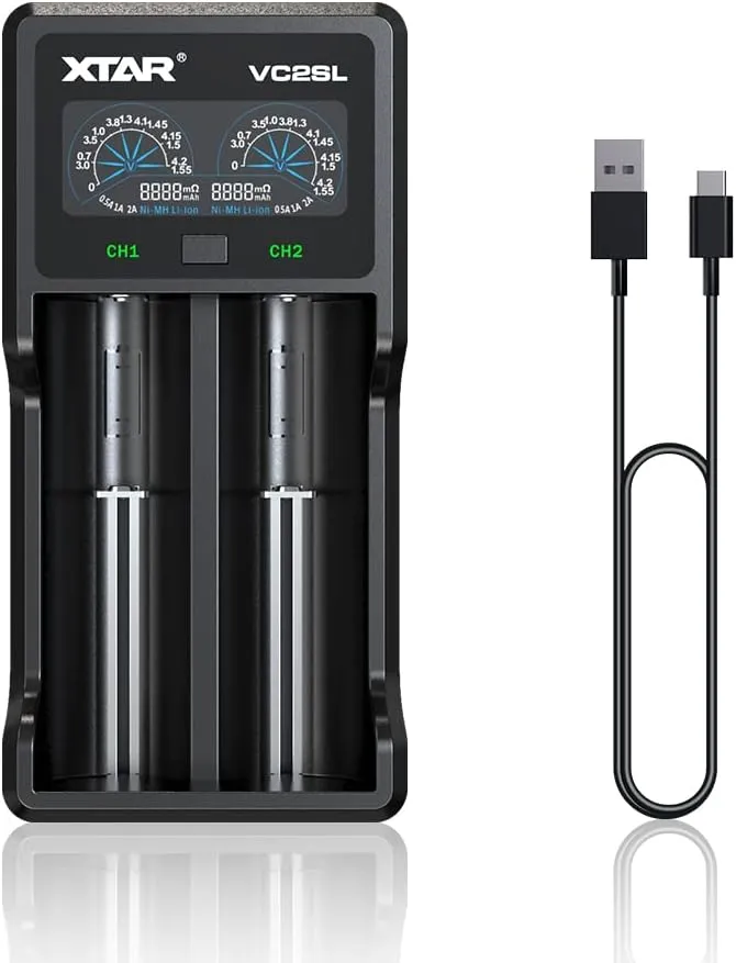 XTAR VC2SL Type C 18650 Battery Charger Universal Intelligent LCD Display 21700 Charger with USB Output for Rechargeable Batteries Li-ion 18650 21700 18350 16340 14500 Ni-MH/Ni-Cd A AA AAA
