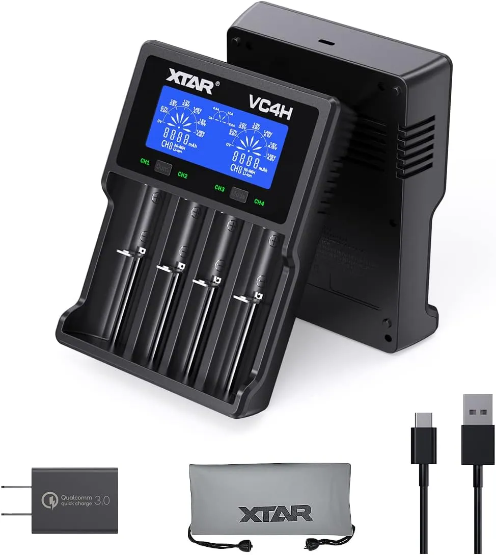 XTAR VC4H 4-Bay 21700 & AA/AAA Battery Charger - USB-C & QC 3.0 Adapter