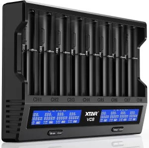XTAR VC8 8-Bay Smart Charger - Type C 3A Fast Charger, LCD Display for 3.6V/3.7V Li-ion & 1.2V Ni-MH C Batteries