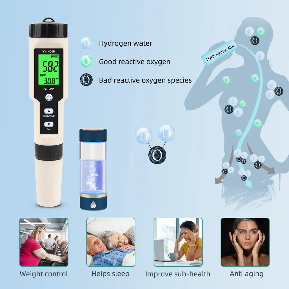 YIERYI H2/TEMP Meter, Hydrogen Ion Water Quality Monitor Tester ATC for Drinking Aquariums Laboratory
