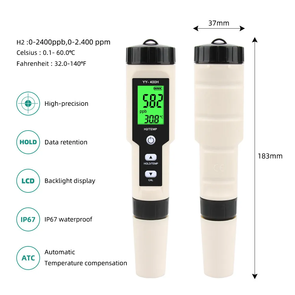YIERYI H2/TEMP Meter, Hydrogen Ion Water Quality Monitor Tester ATC for Drinking Aquariums Laboratory