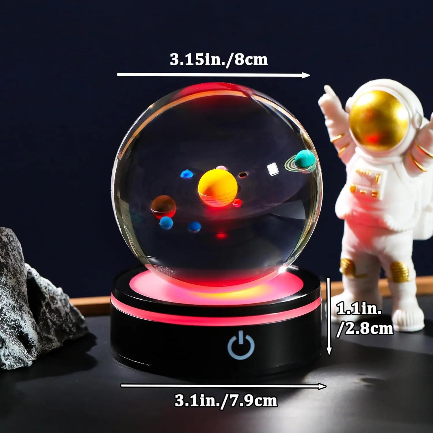 YWHL 3D Solar System Model Crystal Ball 80mm with Light Base, Planet Lamp Model Sphere Decor Space Astronomy Universe Gifts for Women Men Space Globe Physics Teacher Science Astronomy Enthusiast