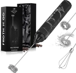 Zulay Froth N Go Milk Frother Rechargeable - 3-in-1 Frother Wand With Case & USB-C Charger - Comes With 3 Whisk Attachments for Latte, Cappuccino, Matcha, Protein Shakes - Black Marble