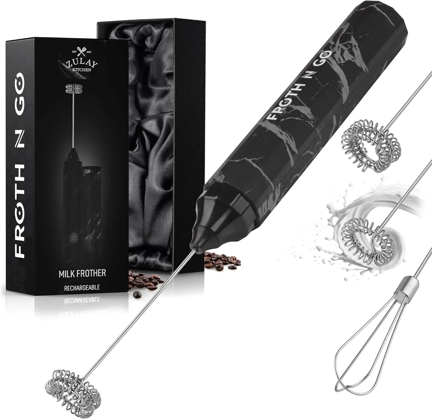 Zulay Froth N Go Milk Frother Rechargeable - 3-in-1 Frother Wand With Case & USB-C Charger - Comes With 3 Whisk Attachments for Latte, Cappuccino, Matcha, Protein Shakes - Black Marble
